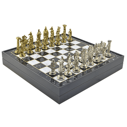 British Royal Metal Chess Set – MDF Chessboard with Storage, 37 x 37 cm, Gold-Silver Pieces