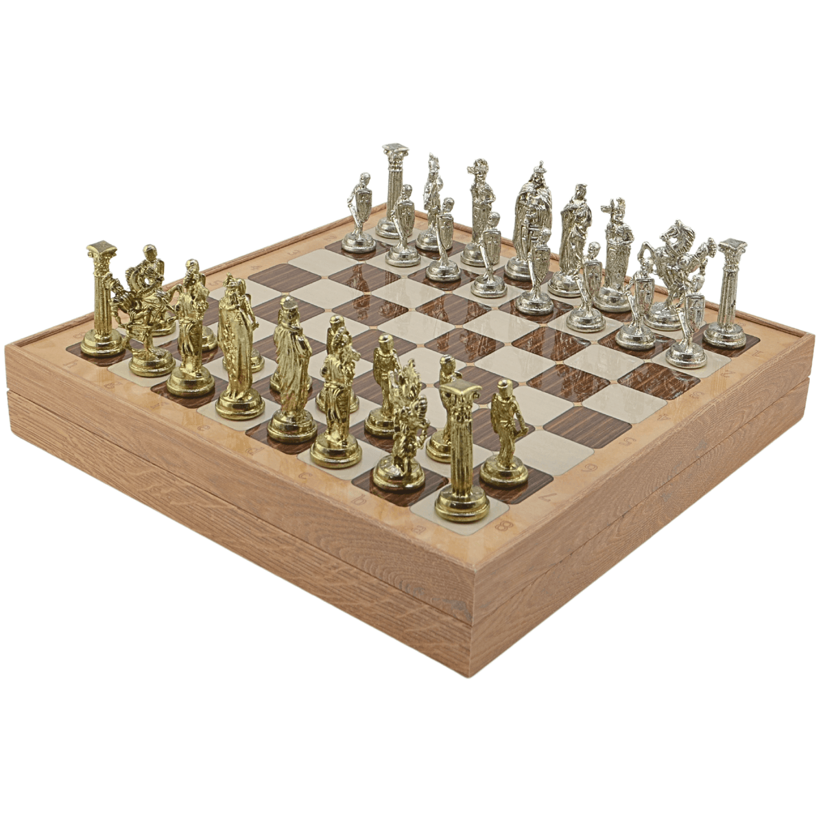 British Royal Metal Chess Set – MDF Chessboard with Storage, 37 x 37 cm, Gold-Silver Pieces