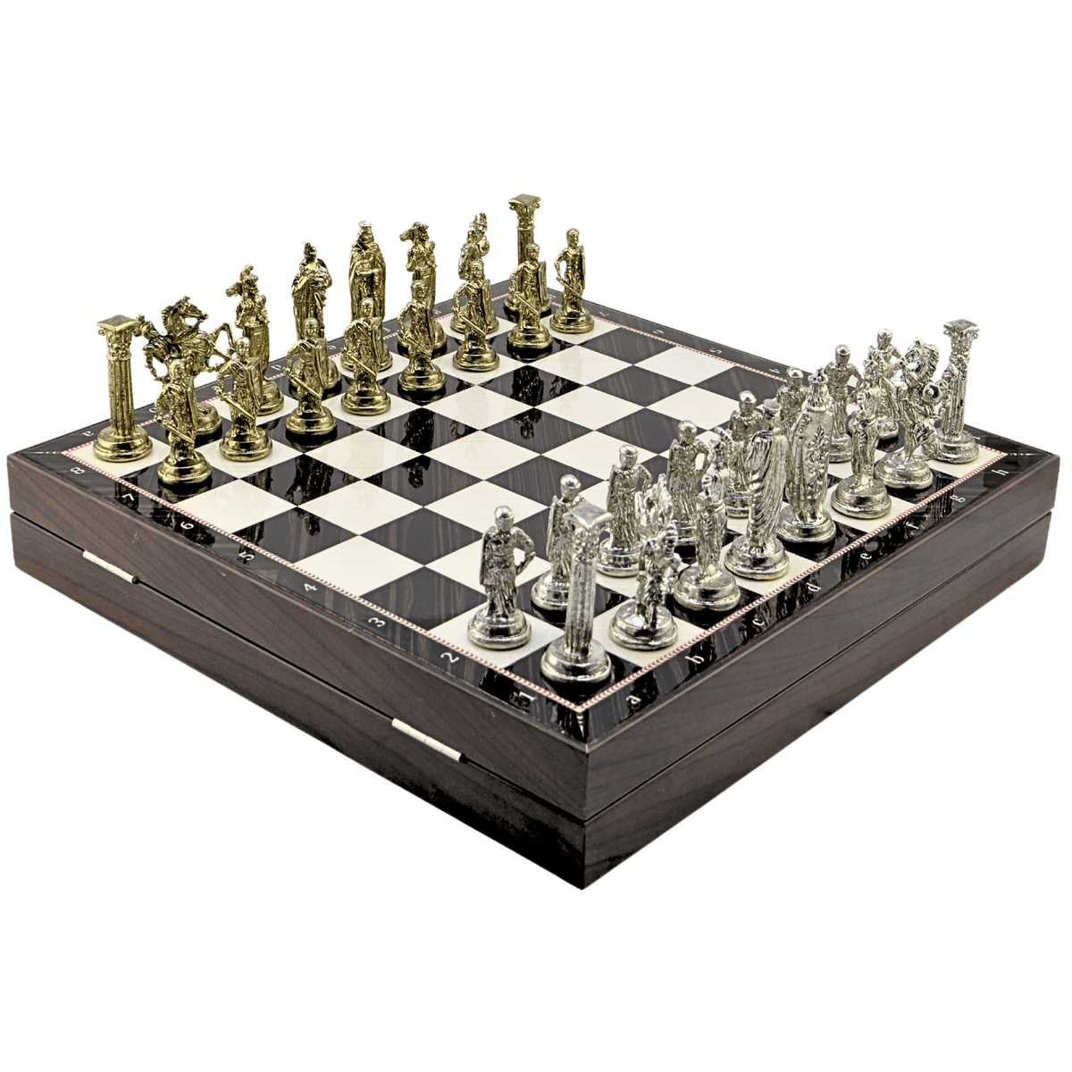 British Royal Metal Chess Set – MDF Chessboard with Storage, 37 x 37 cm, Gold-Silver Pieces