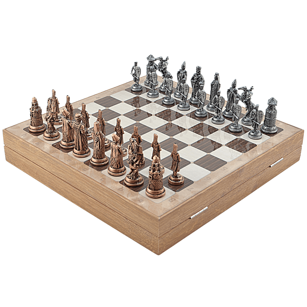 Ottoman Byzantine Metal Chess Set – MDF Chessboard with Storage, 37 x 37 cm, Antique Copper Pieces