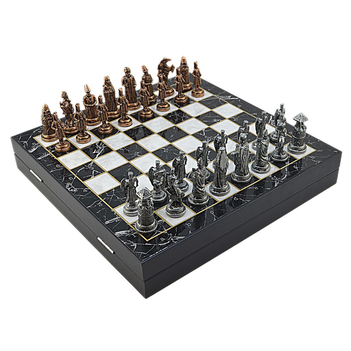 Ottoman Byzantine Metal Chess Set – MDF Chessboard with Storage, 37 x 37 cm, Antique Copper Pieces