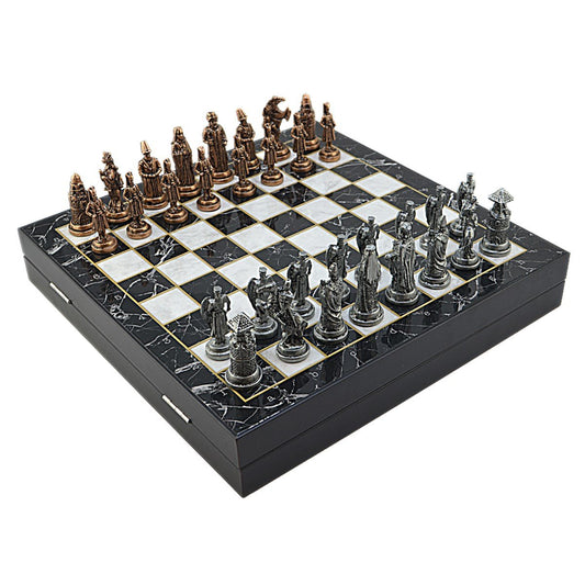 Ottoman Byzantine Metal Chess Set – MDF Chessboard with Storage, 37 x 37 cm, Antique Copper Pieces