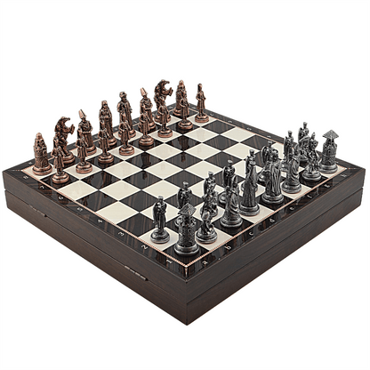 Ottoman Byzantine Metal Chess Set – MDF Chessboard with Storage, 37 x 37 cm, Antique Copper Pieces