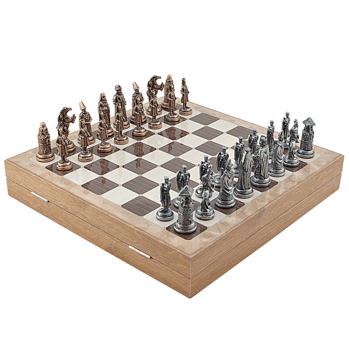 Ottoman Byzantine Metal Chess Set – MDF Chessboard with Storage, 37 x 37 cm, Antique Copper Pieces