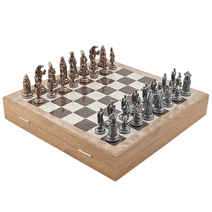 Ottoman Byzantine Metal Chess Set – MDF Chessboard with Storage, 37 x 37 cm, Antique Copper Pieces