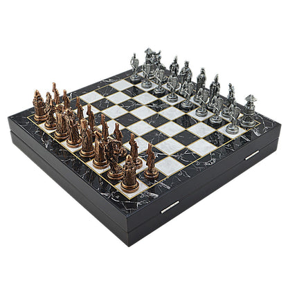 Ottoman Byzantine Metal Chess Set – MDF Chessboard with Storage, 37 x 37 cm, Antique Copper Pieces