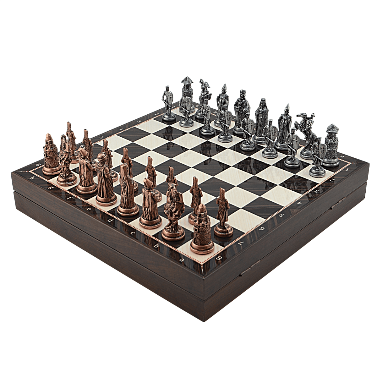 Ottoman Byzantine Metal Chess Set – MDF Chessboard with Storage, 37 x 37 cm, Antique Copper Pieces
