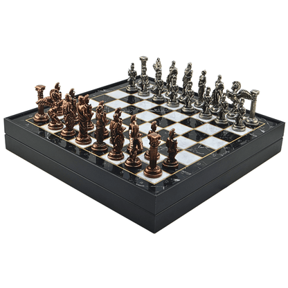Pegasus Metal Chess Set – MDF Chessboard with Storage, 37 x 37 cm, Antique Copper Pieces