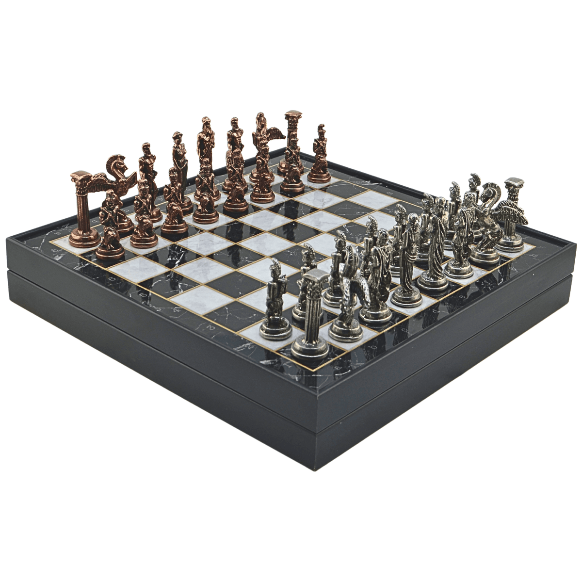 Pegasus Metal Chess Set – MDF Chessboard with Storage, 37 x 37 cm, Antique Copper Pieces