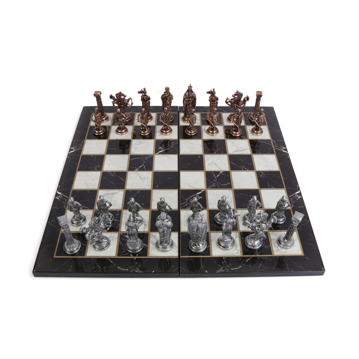 İngiliz Kraliyeti Metal Satranç Takımı – Mermer Desenli Katlanır MDF Satranç Tahtası, 43 x 43 cm