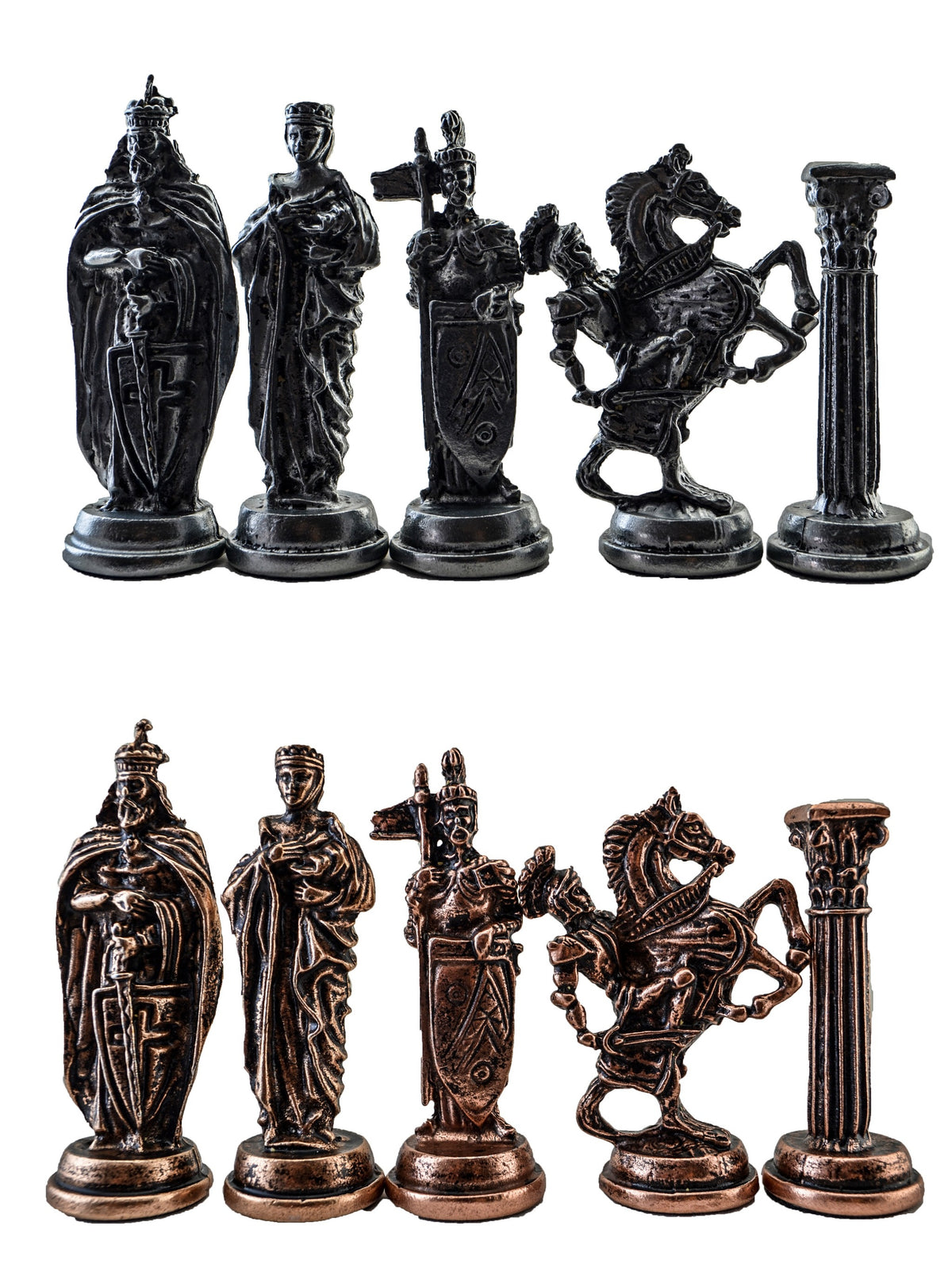 British Royal Metal Chess Set – MDF Chessboard with Storage, 37 x 37 cm, Antique Cooper Pieces