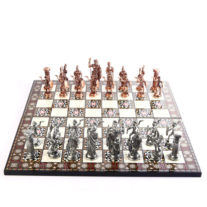 Roman Empire Metal Chess Set Big Size – Mother-of-Pearl Pattern Folding MDF Chessboard, 43 x 43 cm