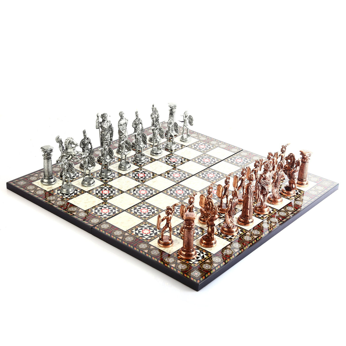 Roman Empire Metal Chess Set Big Size – Mother-of-Pearl Pattern Folding MDF Chessboard, 43 x 43 cm