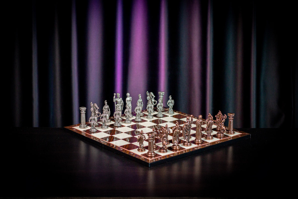 Roman Empire Metal Chess Set Big Size – Walnut Pattern Folding MDF Chessboard, 43 x 43 cm