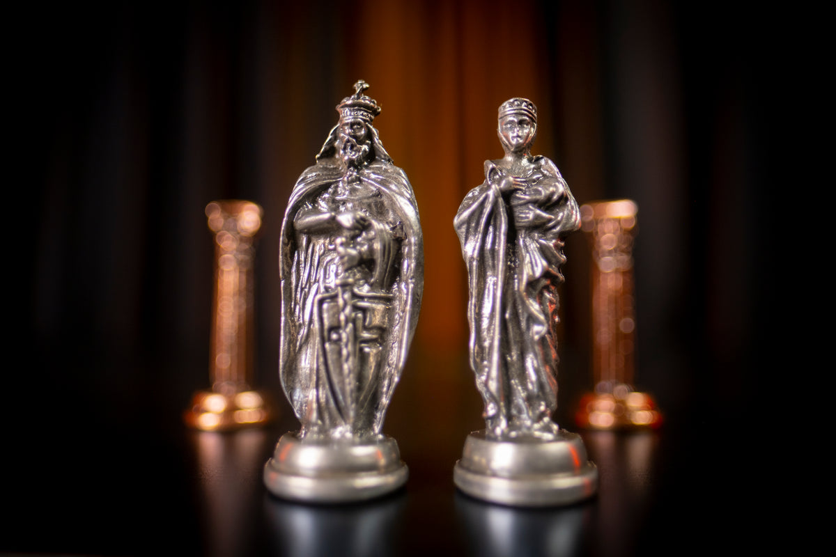 British Royal Metal Chess Set – Handmade Box or Drawer Solid Wood Chessboard, 38 x 38 cm